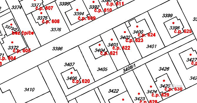 Záběhlice 621, Praha na parcele st. 3404 v KÚ Záběhlice, Katastrální mapa