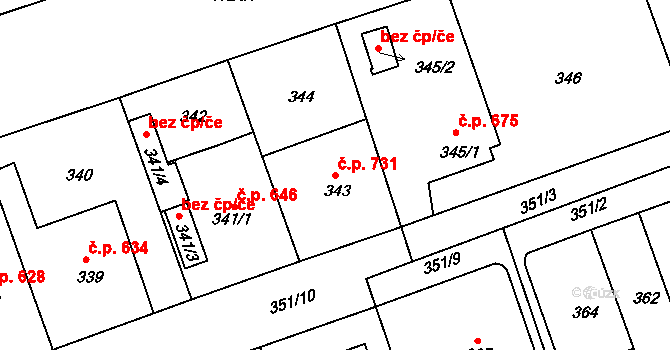 Zdice 731 na parcele st. 343 v KÚ Zdice, Katastrální mapa