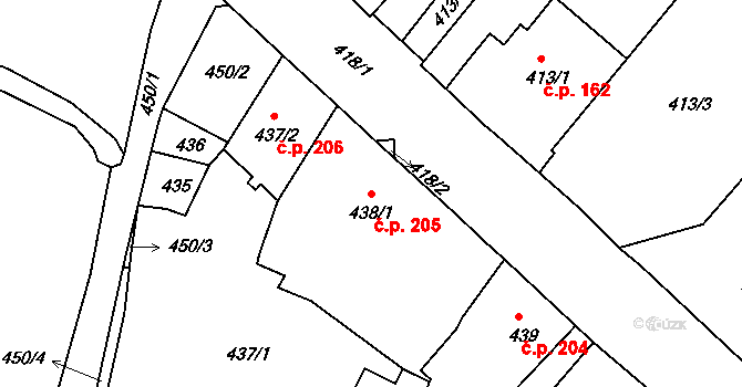 Rumburk 1 205, Rumburk na parcele st. 438/1 v KÚ Rumburk, Katastrální mapa