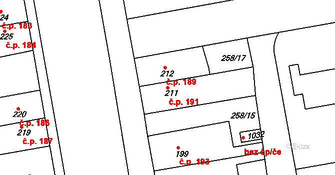 Malšovice 191, Hradec Králové na parcele st. 211 v KÚ Malšovice u Hradce Králové, Katastrální mapa