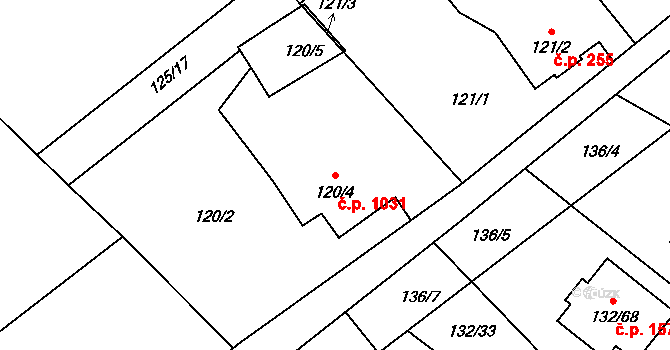 Ráj 1031, Karviná na parcele st. 120/4 v KÚ Ráj, Katastrální mapa