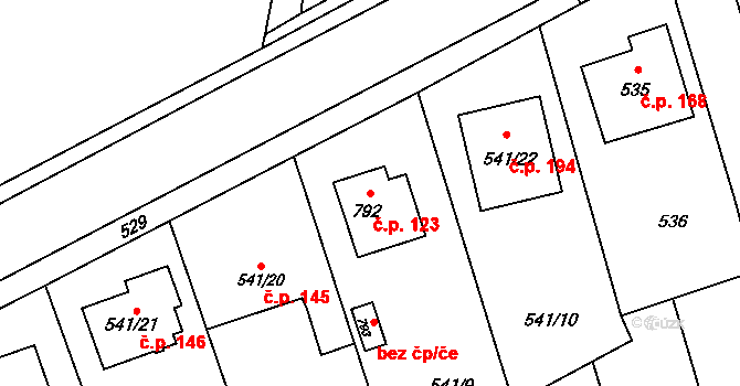 Červený Hrádek 123, Plzeň na parcele st. 792 v KÚ Červený Hrádek u Plzně, Katastrální mapa