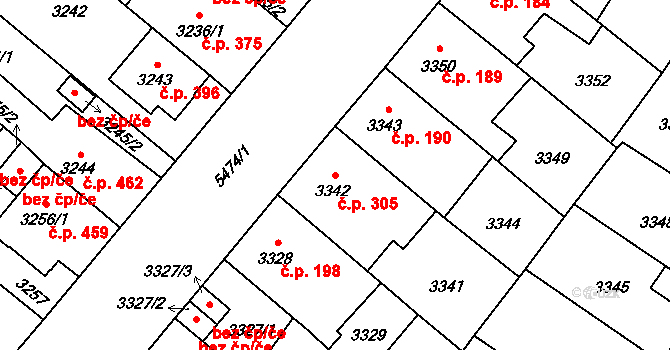 Lobzy 305, Plzeň na parcele st. 3342 v KÚ Plzeň, Katastrální mapa