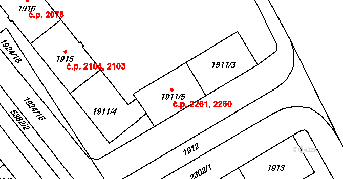 Východní Předměstí 2260,2261, Plzeň na parcele st. 1911/5 v KÚ Plzeň, Katastrální mapa
