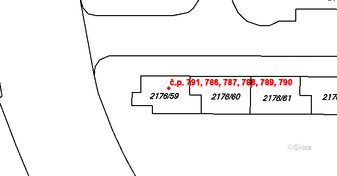 Skvrňany 786,787,788,789,790,, Plzeň na parcele st. 2176/59 v KÚ Skvrňany, Katastrální mapa