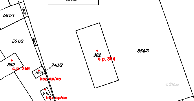 Louky 304, Zlín na parcele st. 382 v KÚ Louky nad Dřevnicí, Katastrální mapa
