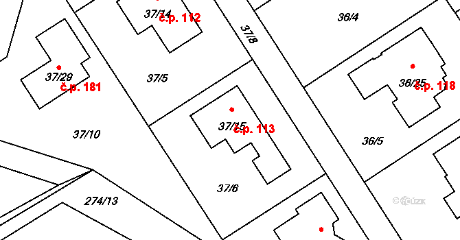 Sobín 113, Praha na parcele st. 37/15 v KÚ Sobín, Katastrální mapa