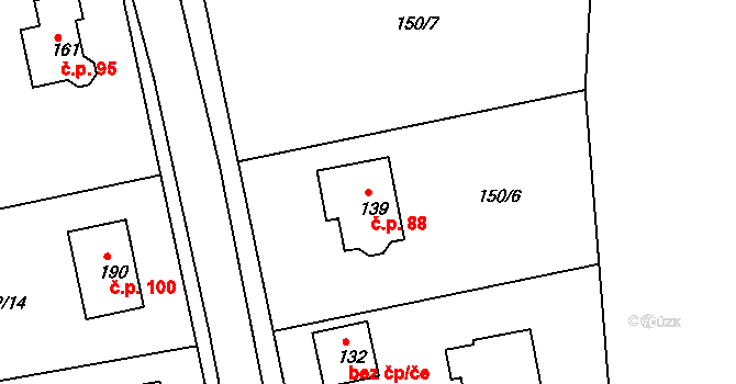 Ústrašice 88 na parcele st. 139 v KÚ Ústrašice, Katastrální mapa