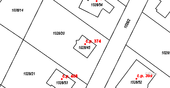 Křelov 374, Křelov-Břuchotín na parcele st. 1028/45 v KÚ Křelov, Katastrální mapa