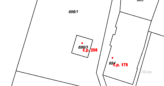 Stará Pohůrka 298, Srubec na parcele st. 686/3 v KÚ Srubec, Katastrální mapa