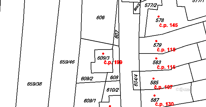 Horákov 199, Mokrá-Horákov na parcele st. 609/3 v KÚ Horákov, Katastrální mapa