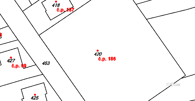 Medlov 186 na parcele st. 420 v KÚ Medlov, Katastrální mapa