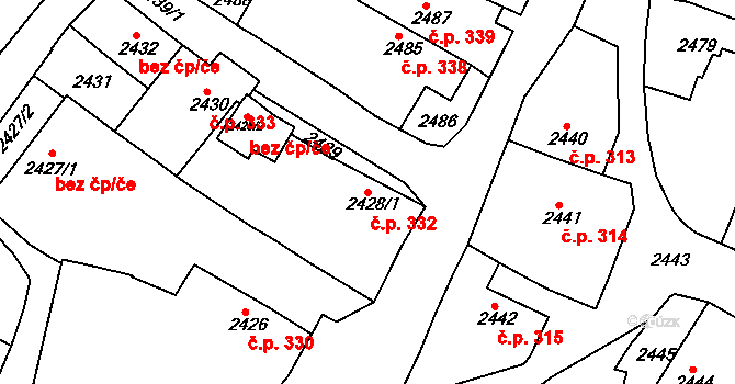 Jemnice 332 na parcele st. 2428/1 v KÚ Jemnice, Katastrální mapa