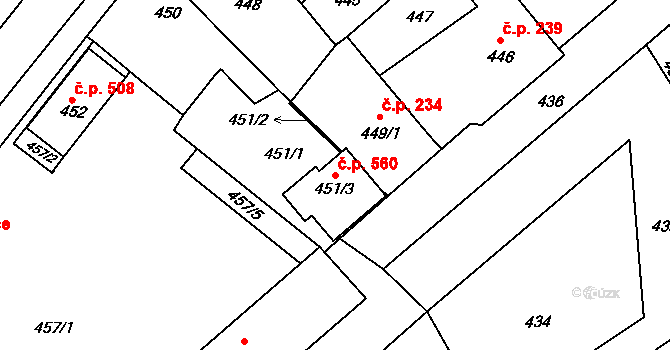 Jarošov 560, Uherské Hradiště na parcele st. 451/3 v KÚ Jarošov u Uherského Hradiště, Katastrální mapa