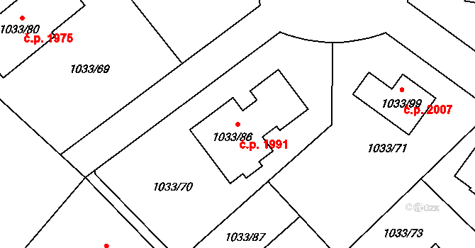 Bruntál 1991 na parcele st. 1033/86 v KÚ Bruntál-město, Katastrální mapa