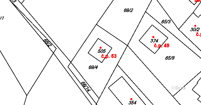 Kocanda 53, Kamenný Újezd na parcele st. 505 v KÚ Kamenný Újezd u Rokycan, Katastrální mapa