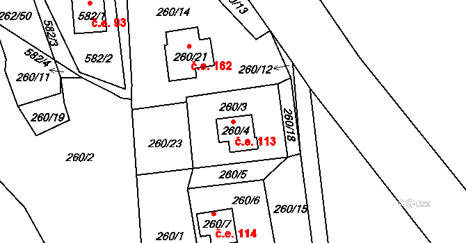 Tušimice 113, Kadaň na parcele st. 260/4 v KÚ Tušimice, Katastrální mapa