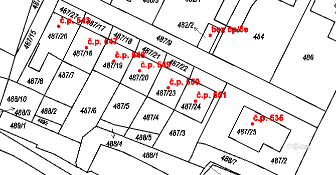 Bystřice nad Pernštejnem 550 na parcele st. 487/23 v KÚ Bystřice nad Pernštejnem, Katastrální mapa