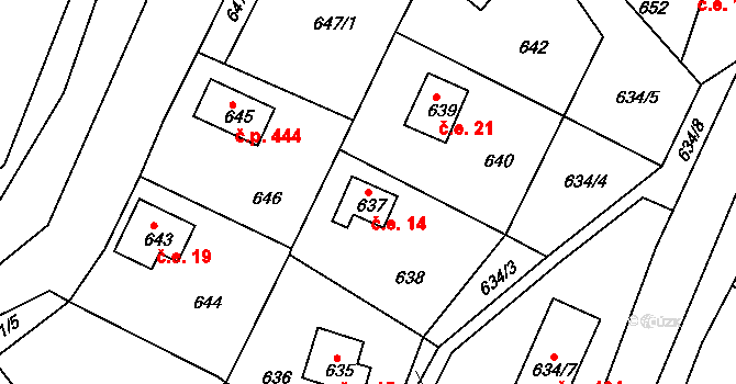 Zádveřice 14, Zádveřice-Raková na parcele st. 637 v KÚ Zádveřice, Katastrální mapa