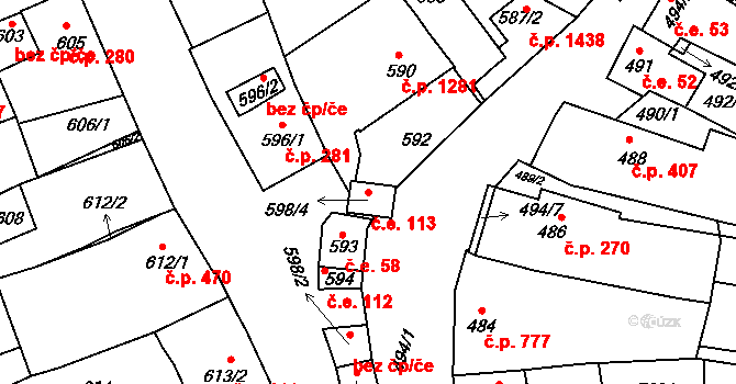 Hustopeče 113 na parcele st. 598/4 v KÚ Hustopeče u Brna, Katastrální mapa