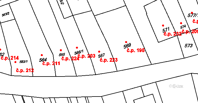 Kobeřice u Brna 223 na parcele st. 567 v KÚ Kobeřice u Brna, Katastrální mapa