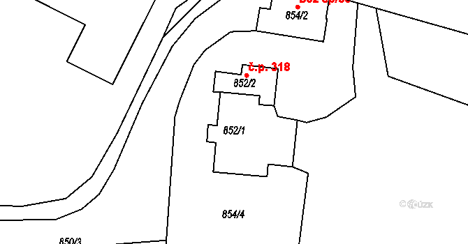 Zruč 318, Zruč-Senec na parcele st. 852/1 v KÚ Zruč, Katastrální mapa