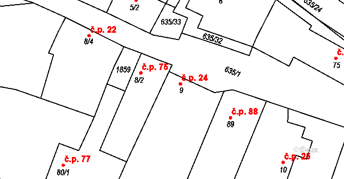 Orel 24 na parcele st. 9 v KÚ Orel, Katastrální mapa