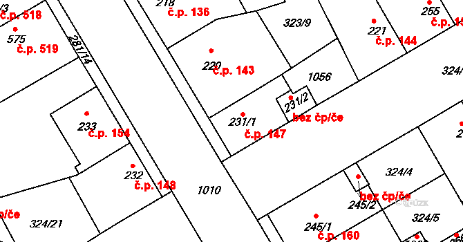 Velim 147 na parcele st. 231/1 v KÚ Velim, Katastrální mapa