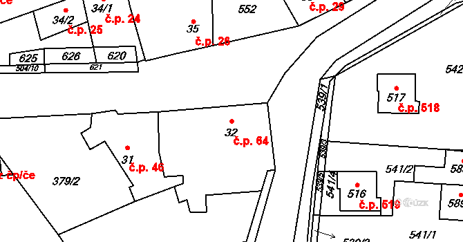 Rudná 64 na parcele st. 32 v KÚ Dušníky u Rudné, Katastrální mapa
