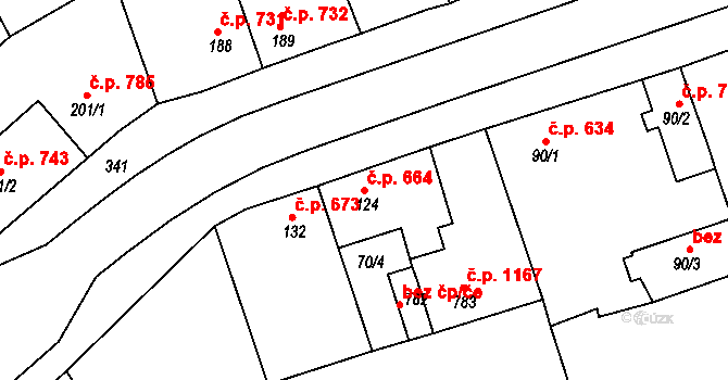 Rudná 664 na parcele st. 124 v KÚ Hořelice, Katastrální mapa
