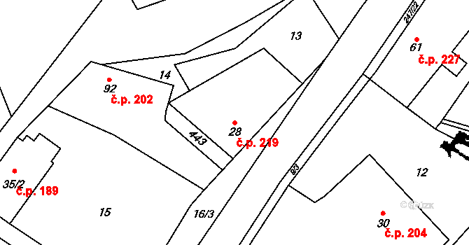 Tuchoměřice 219 na parcele st. 28 v KÚ Kněžívka, Katastrální mapa