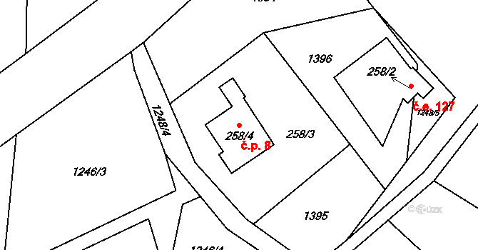 Hillův Mlýn 8, Kytlice na parcele st. 258/4 v KÚ Falknov, Katastrální mapa