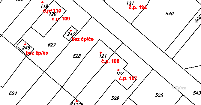 Hrádek 108 na parcele st. 121 v KÚ Hrádek u Rokycan, Katastrální mapa