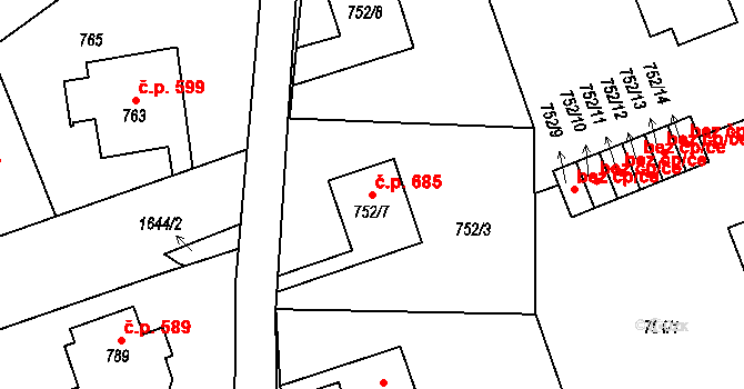 Hronov 685 na parcele st. 752/7 v KÚ Hronov, Katastrální mapa