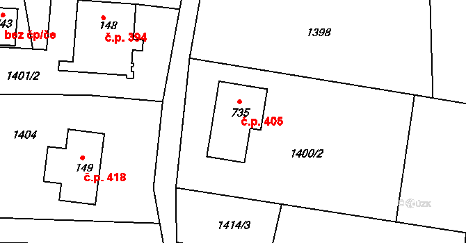 Rumburk 3-Dolní Křečany 405, Rumburk na parcele st. 735 v KÚ Dolní Křečany, Katastrální mapa