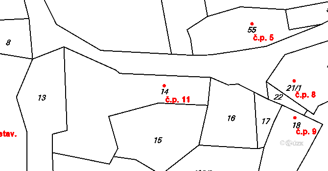Březí 11, Malečov na parcele st. 14 v KÚ Březí u Malečova, Katastrální mapa