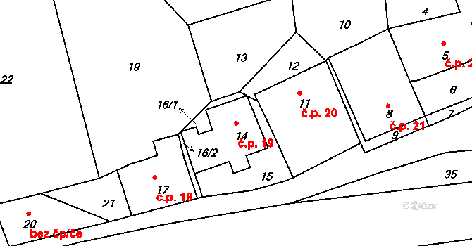 Roztoky 19, Povrly na parcele st. 14 v KÚ Roztoky nad Labem, Katastrální mapa