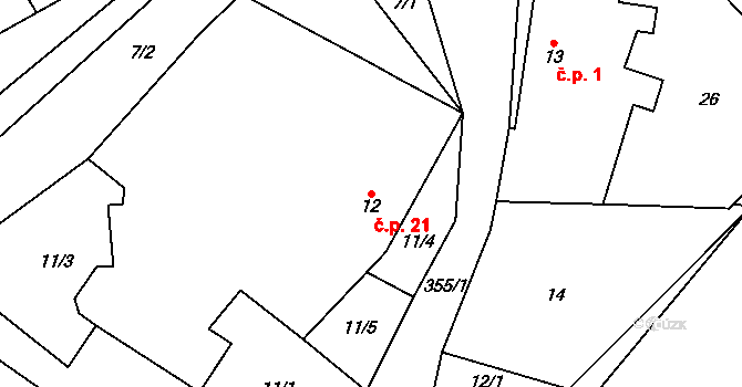 Simtany 21, Pohled na parcele st. 12 v KÚ Simtany, Katastrální mapa