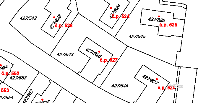 Březiněves 527, Praha na parcele st. 427/826 v KÚ Březiněves, Katastrální mapa