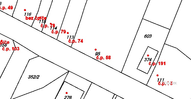 Trávník 58, Kroměříž na parcele st. 95 v KÚ Trávník, Katastrální mapa