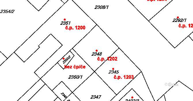 Rakšice 1202, Moravský Krumlov na parcele st. 2348 v KÚ Moravský Krumlov, Katastrální mapa