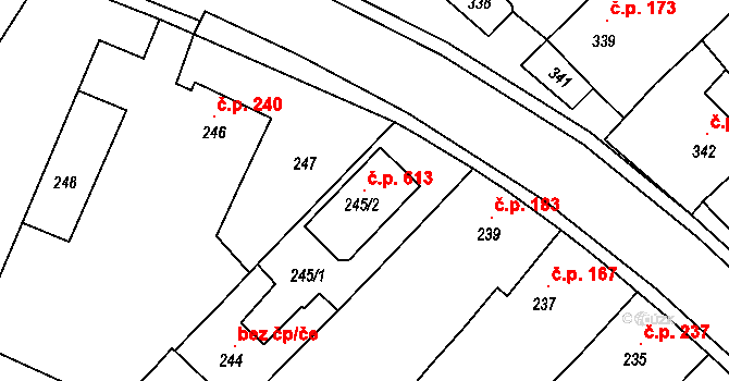 Měřín 613 na parcele st. 245/2 v KÚ Měřín, Katastrální mapa