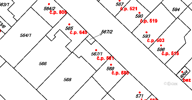 Lužice 581 na parcele st. 567/1 v KÚ Lužice u Hodonína, Katastrální mapa