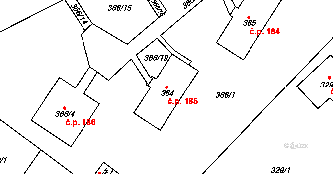 Skorotice 185, Ústí nad Labem na parcele st. 364 v KÚ Skorotice u Ústí nad Labem, Katastrální mapa