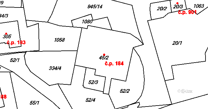 Vrchoslav 184, Krupka na parcele st. 45/2 v KÚ Vrchoslav, Katastrální mapa