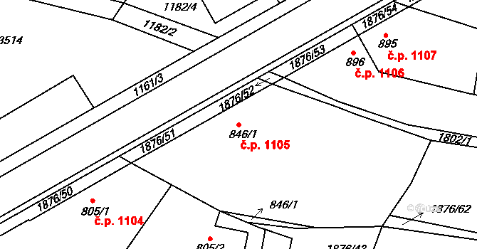 Nový Bydžov 1105 na parcele st. 846/1 v KÚ Nový Bydžov, Katastrální mapa