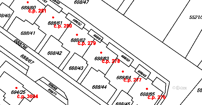 Frýdek 278, Frýdek-Místek na parcele st. 688/63 v KÚ Frýdek, Katastrální mapa
