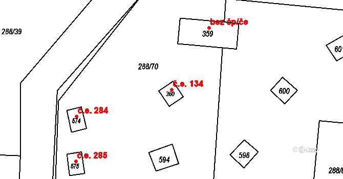 Jevany 134 na parcele st. 360 v KÚ Jevany, Katastrální mapa