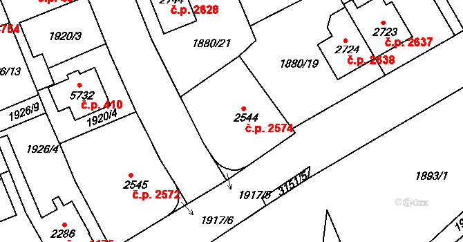 Hodonín 2574 na parcele st. 2544 v KÚ Hodonín, Katastrální mapa