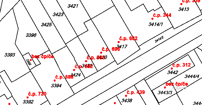 Jirkov 696 na parcele st. 3420 v KÚ Jirkov, Katastrální mapa